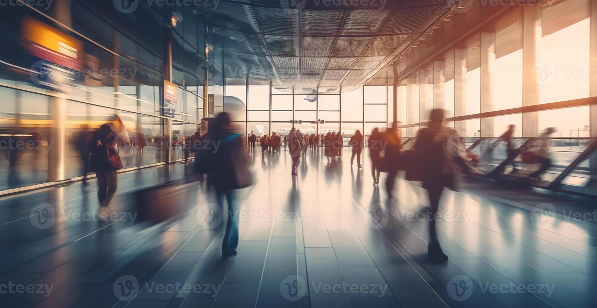 aeropuerto edificio, internacional Terminal, corriendo personas a tierra, borroso antecedentes - ai generado imagen foto