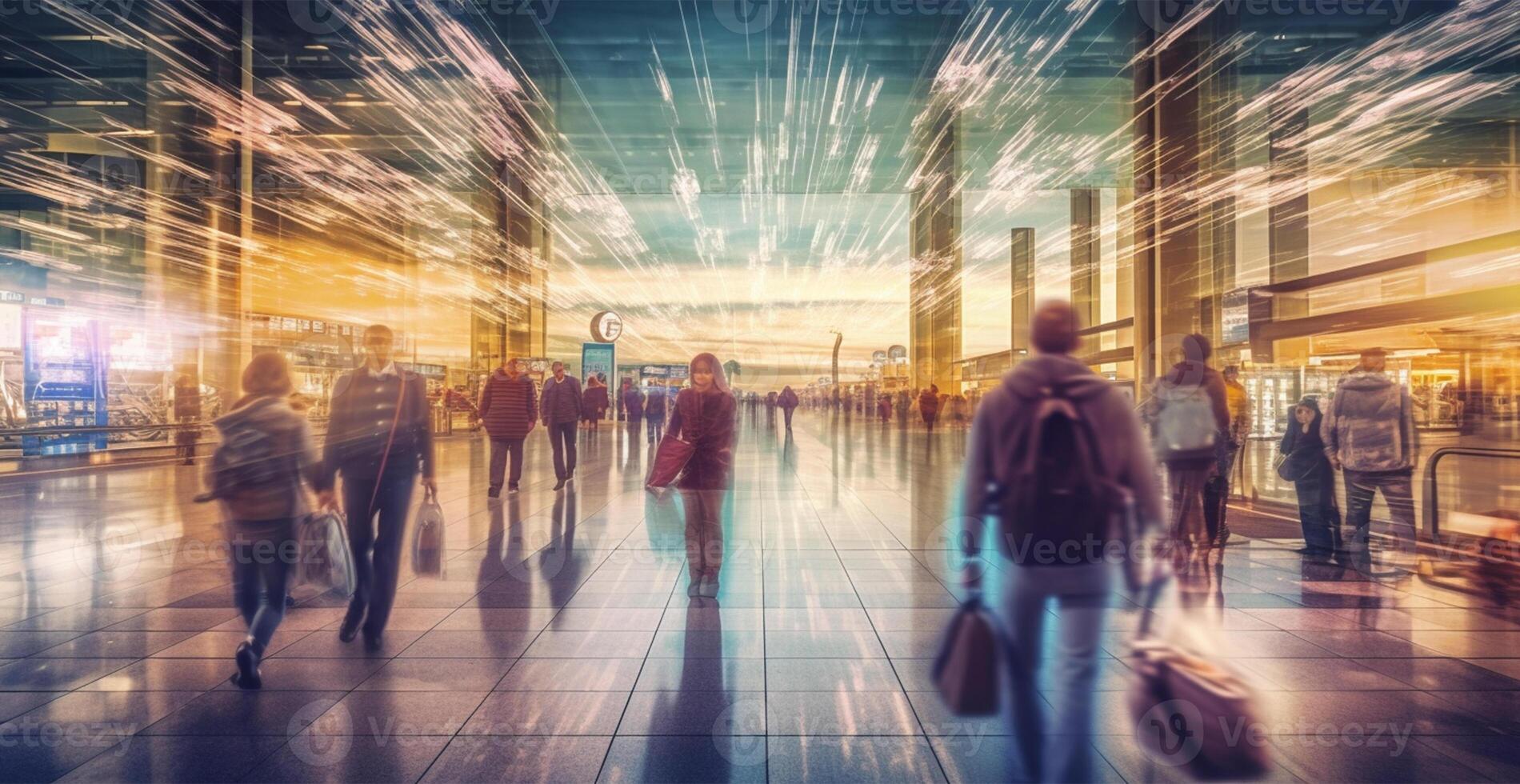 aeropuerto edificio, internacional Terminal, corriendo personas a tierra, borroso antecedentes - ai generado imagen foto