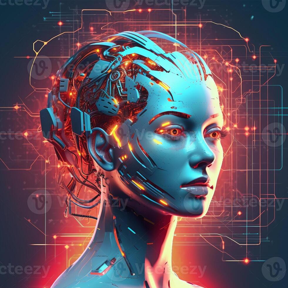 Young android head robot cute woman with part of skin and metal on her face, close up - image photo