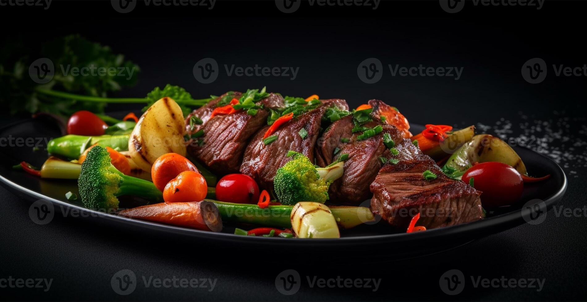 Cooked fresh beef with vegetables in a black plate, healthy eating, dark background - image photo