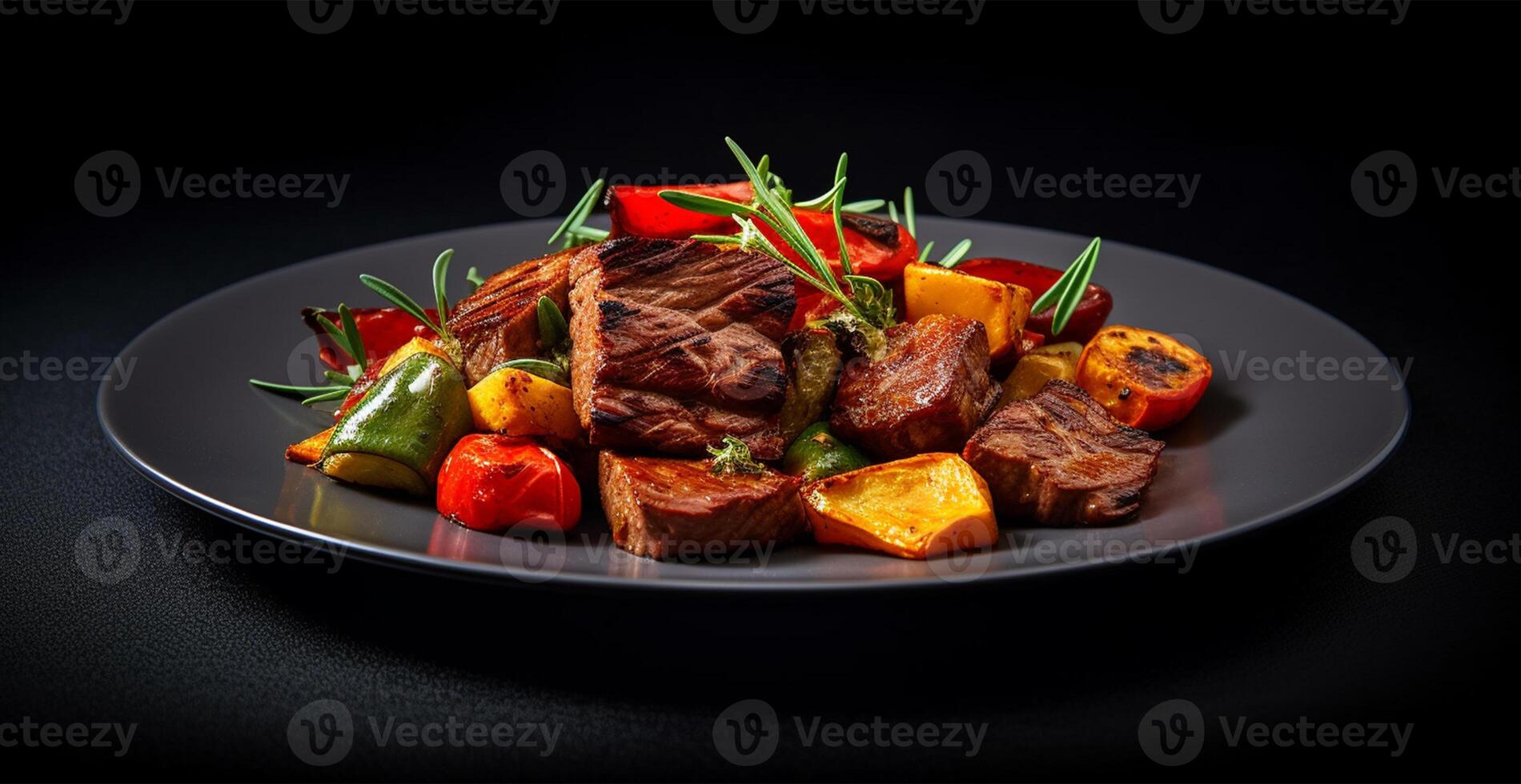 Cooked fresh beef with vegetables in a black plate, healthy eating, dark background - image photo