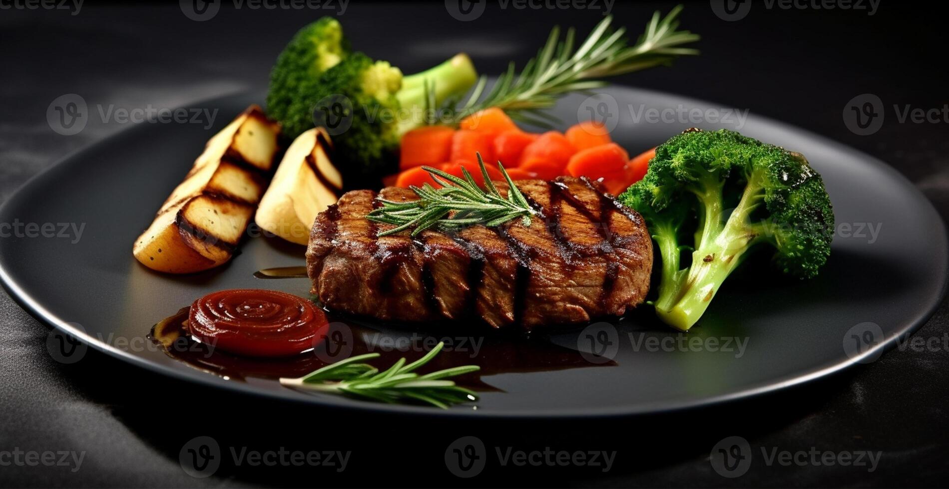 Cooked fresh beef with vegetables in a black plate, healthy eating, dark background - image photo