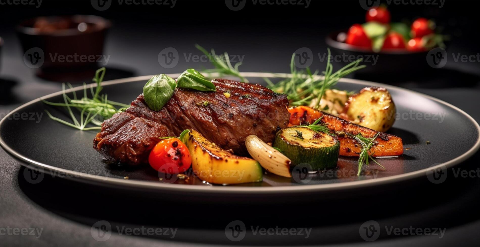 Cooked fresh beef with vegetables in a black plate, healthy eating, dark background - image photo