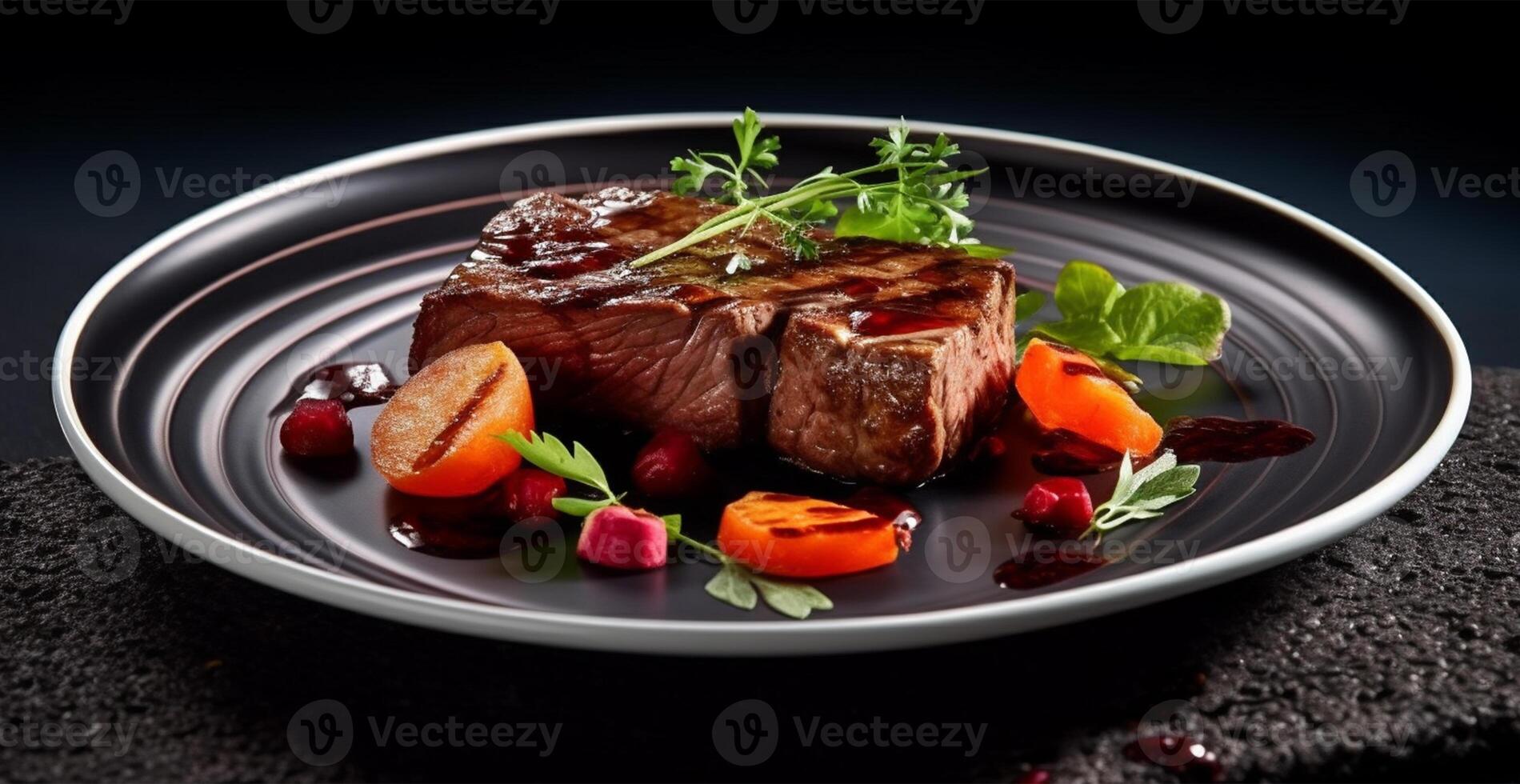 Cooked fresh beef with vegetables in a black plate, healthy eating, dark background - image photo