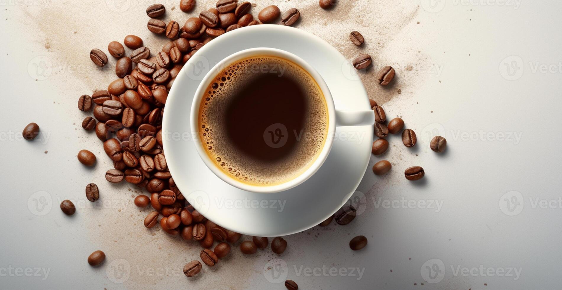 White cup of coffee with coffee beans on white background - image photo