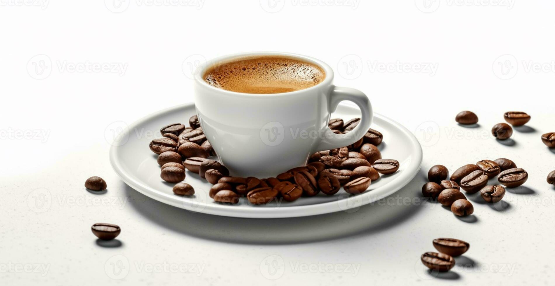 White cup of coffee with coffee beans on white background - AI generated image photo