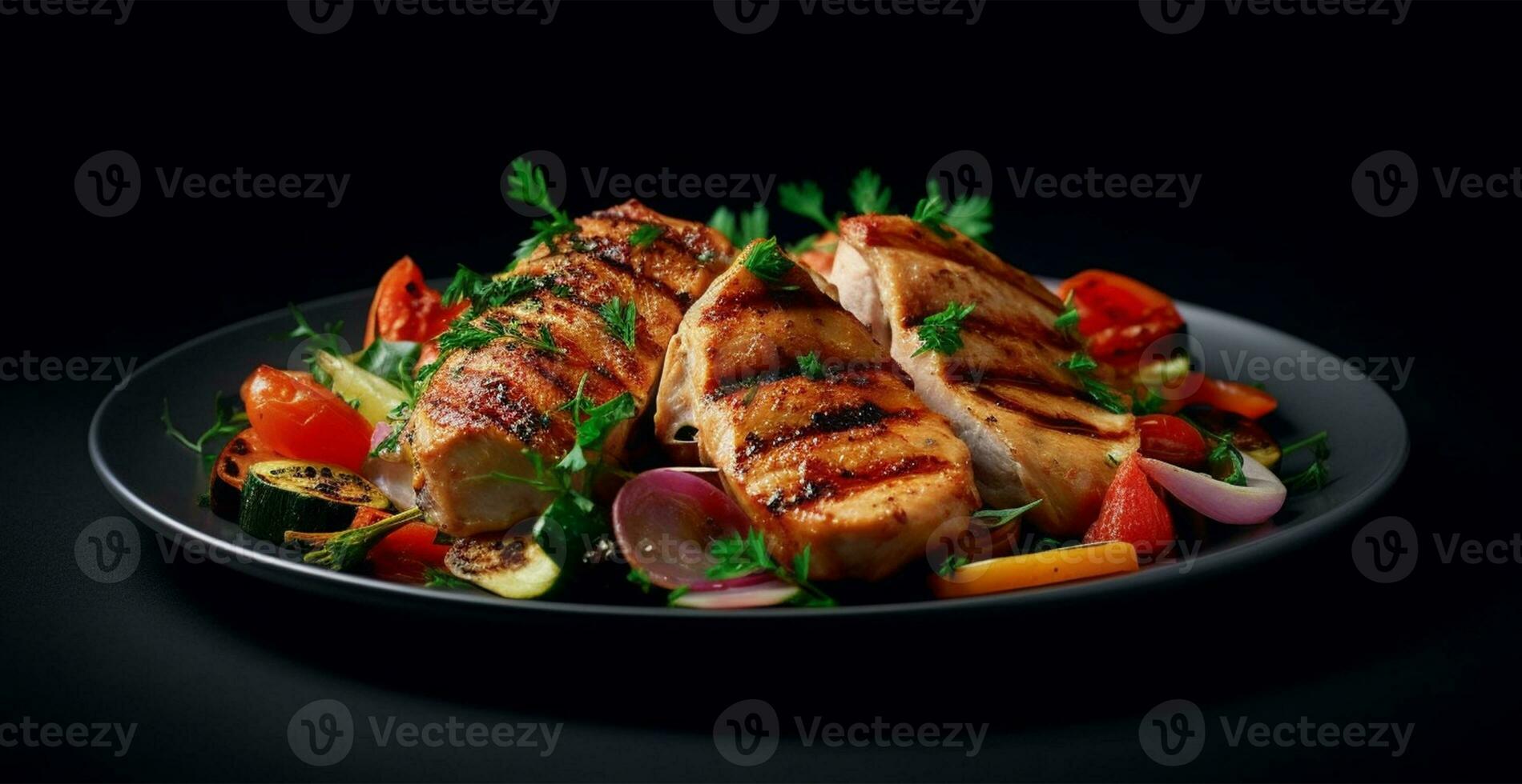 Grilled chicken fillet with fresh vegetable salad. Healthy food concept - AI generated image photo