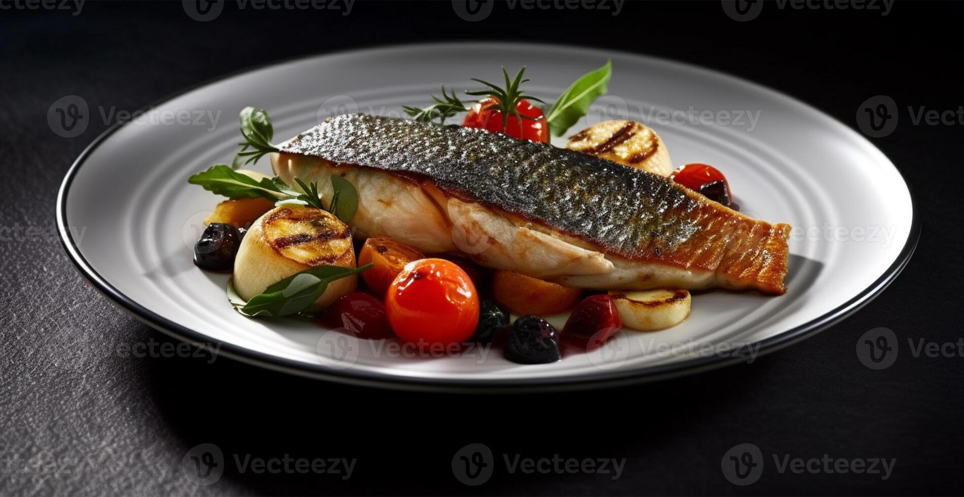 Cooked fish with fresh vegetables - AI generated image photo