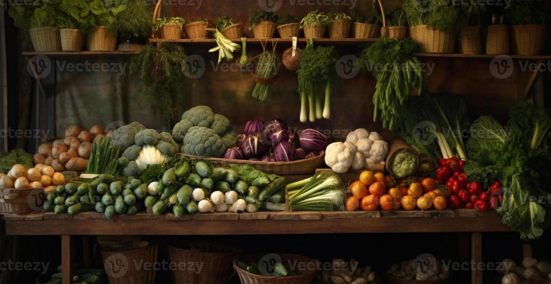 Vegetable farmers market stall, colorful various fresh organic healthy vegetables - AI generated image photo