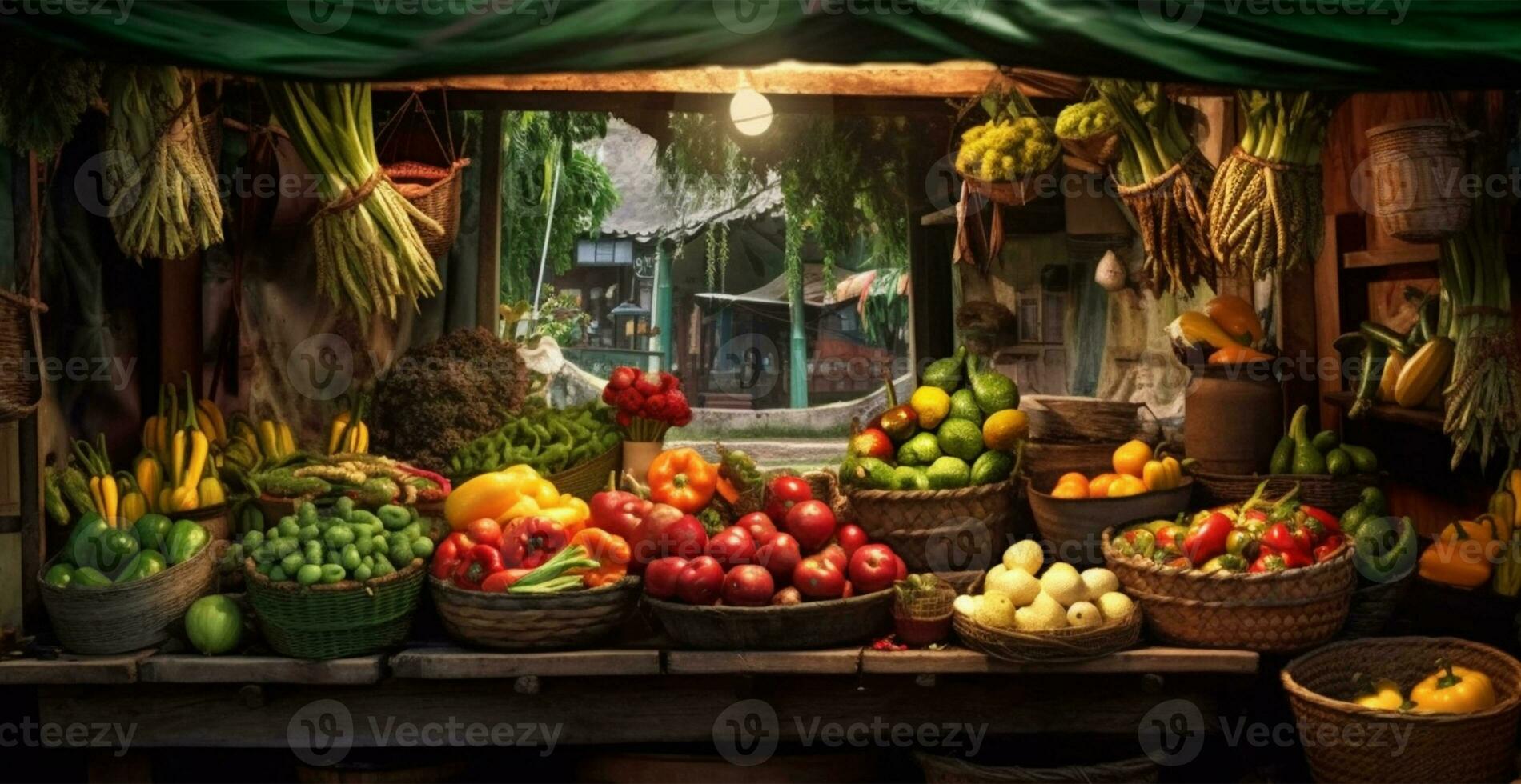 Vegetable farmers market stall, colorful various fresh organic healthy vegetables - AI generated image photo