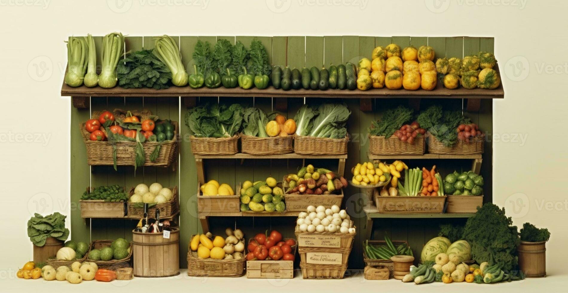 Vegetable farmers market stall, colorful various fresh organic healthy vegetables - AI generated image photo