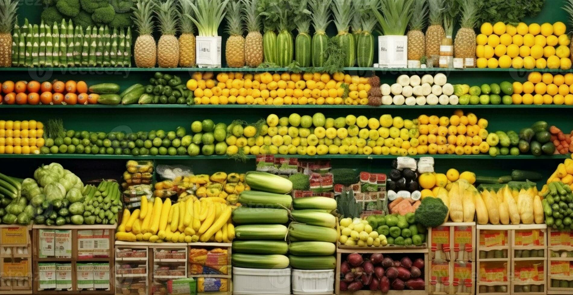 Vegetable farmers market stall, colorful various fresh organic healthy vegetables - AI generated image photo