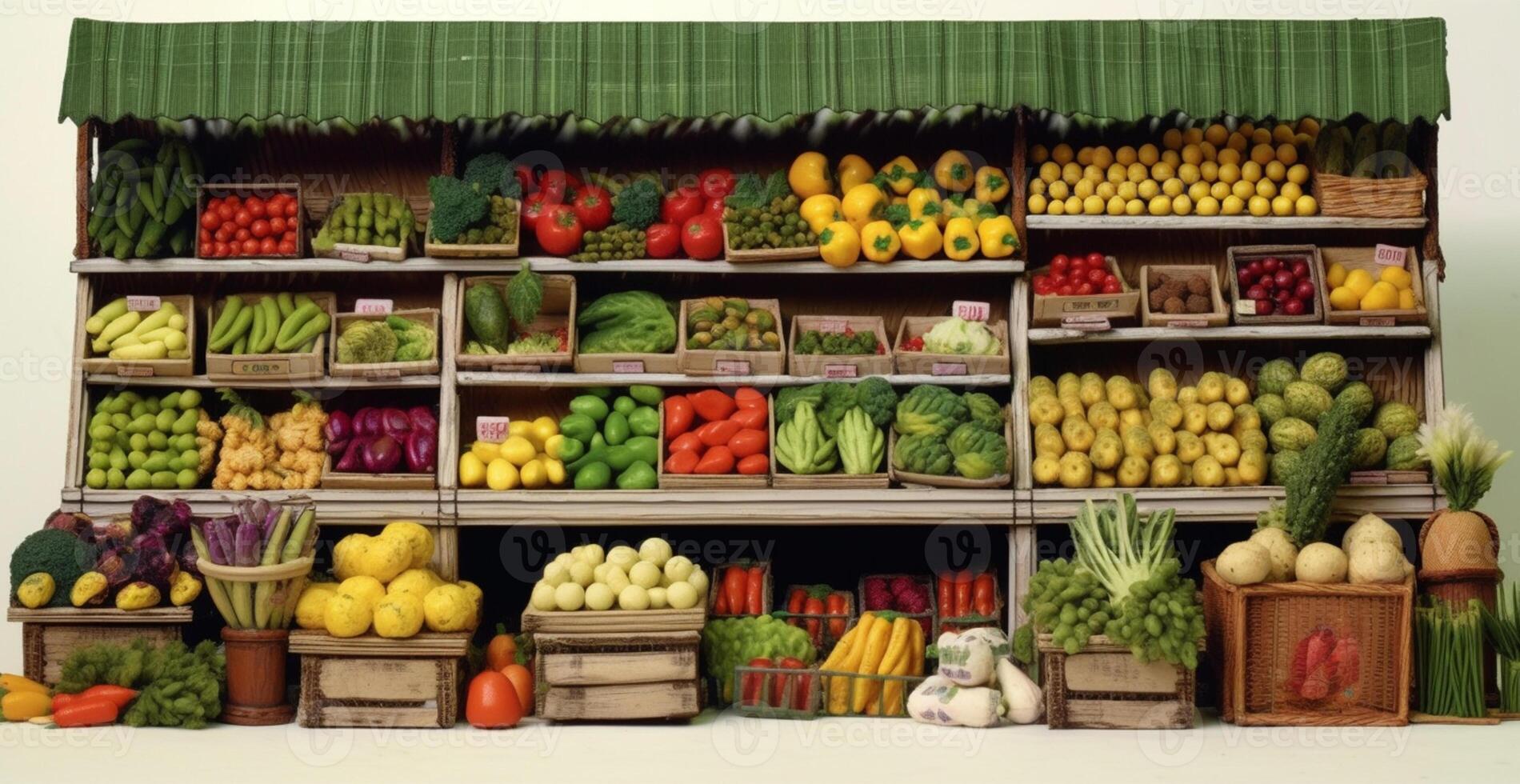 Vegetable farmers market stall, colorful various fresh organic healthy vegetables - AI generated image photo