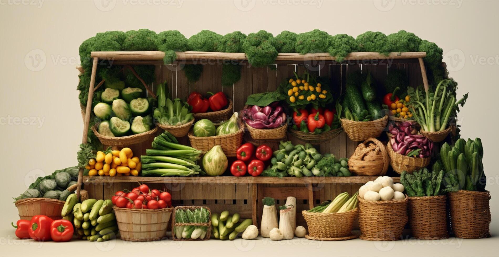 Vegetable farmers market stall, colorful various fresh organic healthy vegetables - AI generated image photo