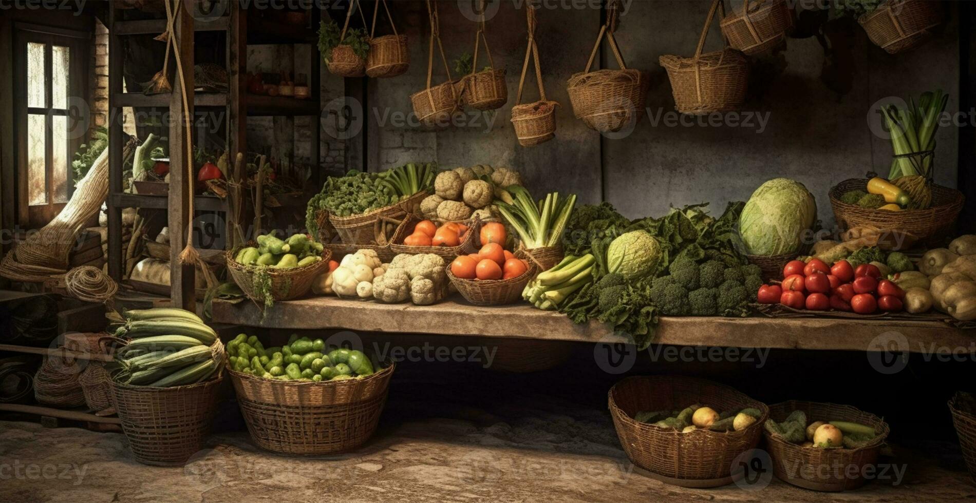 Vegetable farmers market stall, colorful various fresh organic healthy vegetables - AI generated image photo