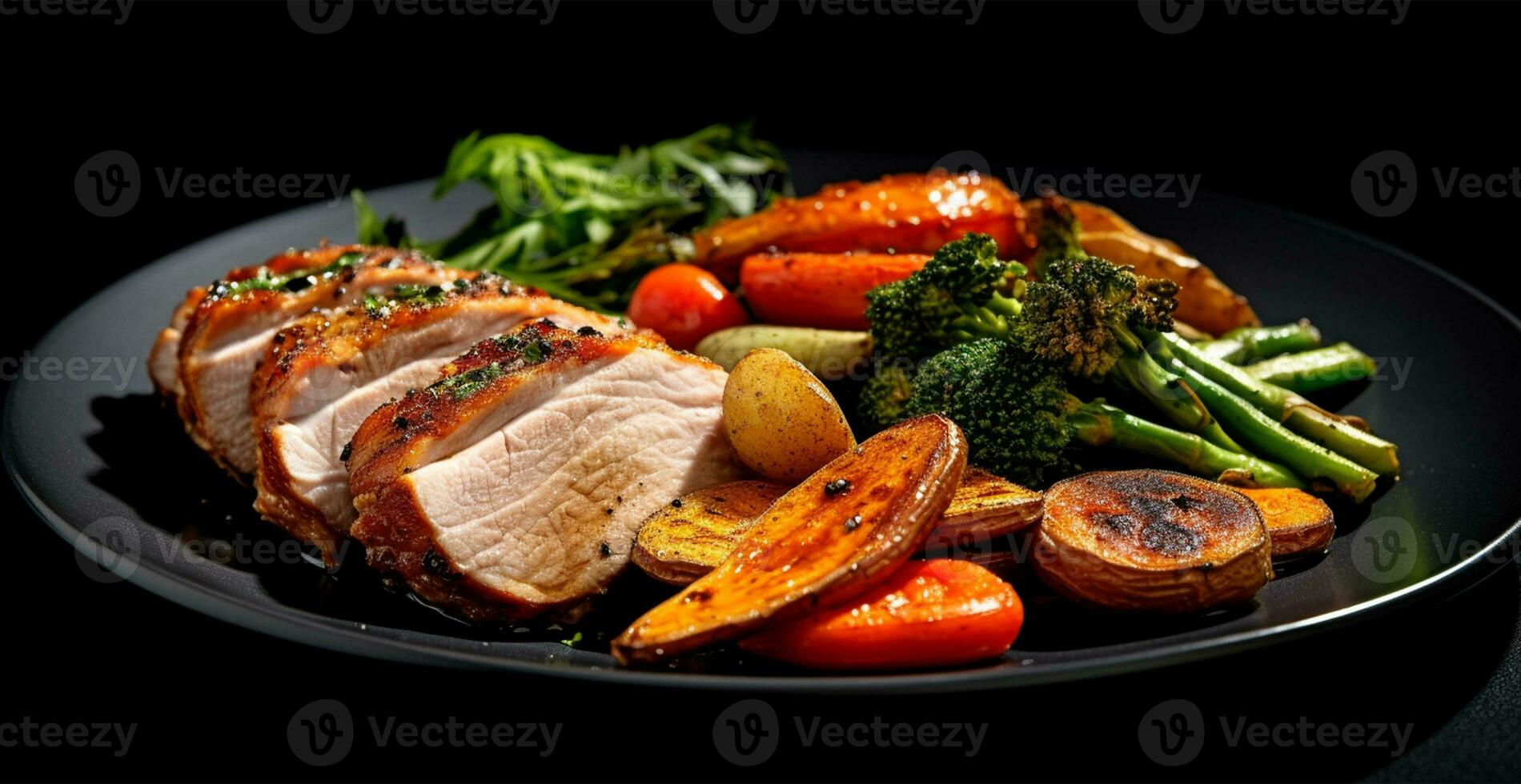 Fried pork tenderloin with vegetables in sauce, fresh thyme, herbs - AI generated image photo