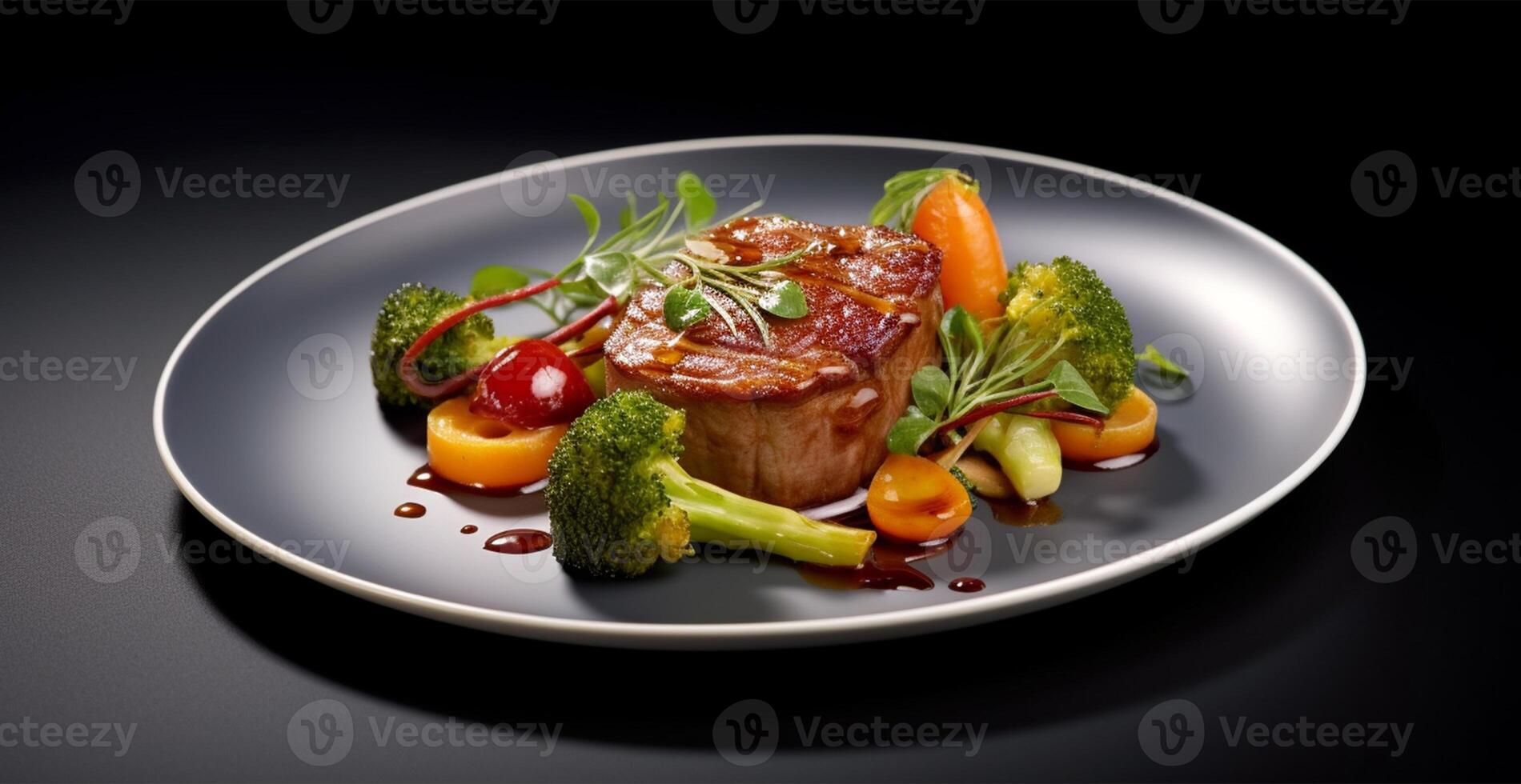 Fried pork tenderloin with vegetables in sauce, fresh thyme, herbs - AI generated image photo