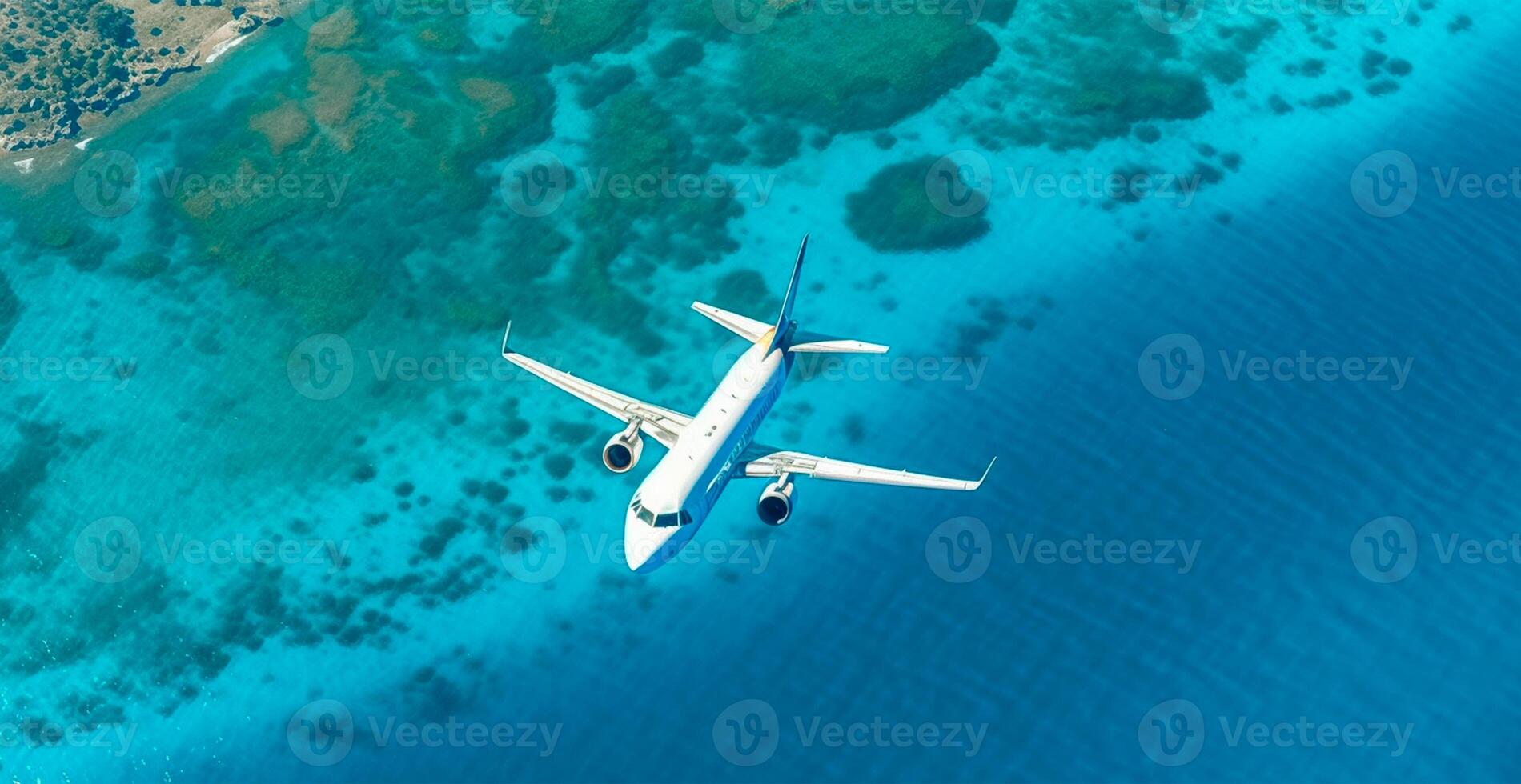 Top down view of white plane flying over blue sea, ocean, travel, vacation concept - AI generated image photo