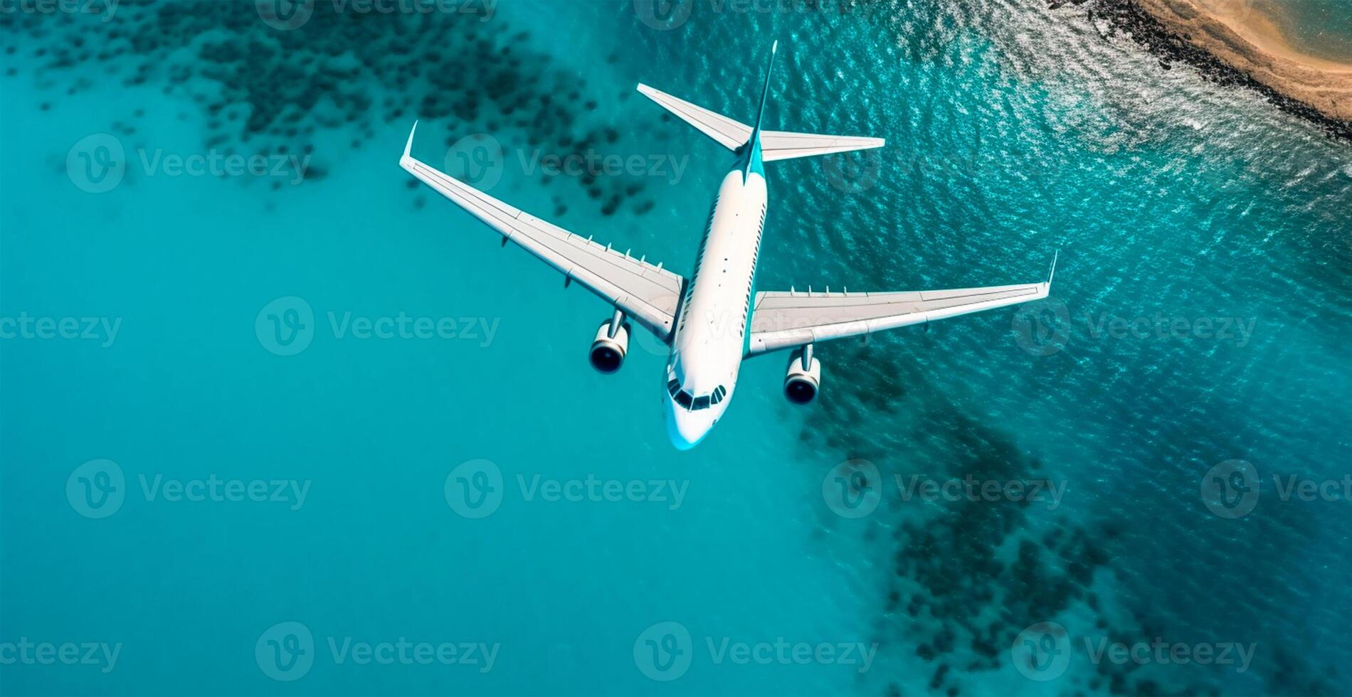 Top down view of white plane flying over blue sea, ocean, travel, vacation concept - image photo