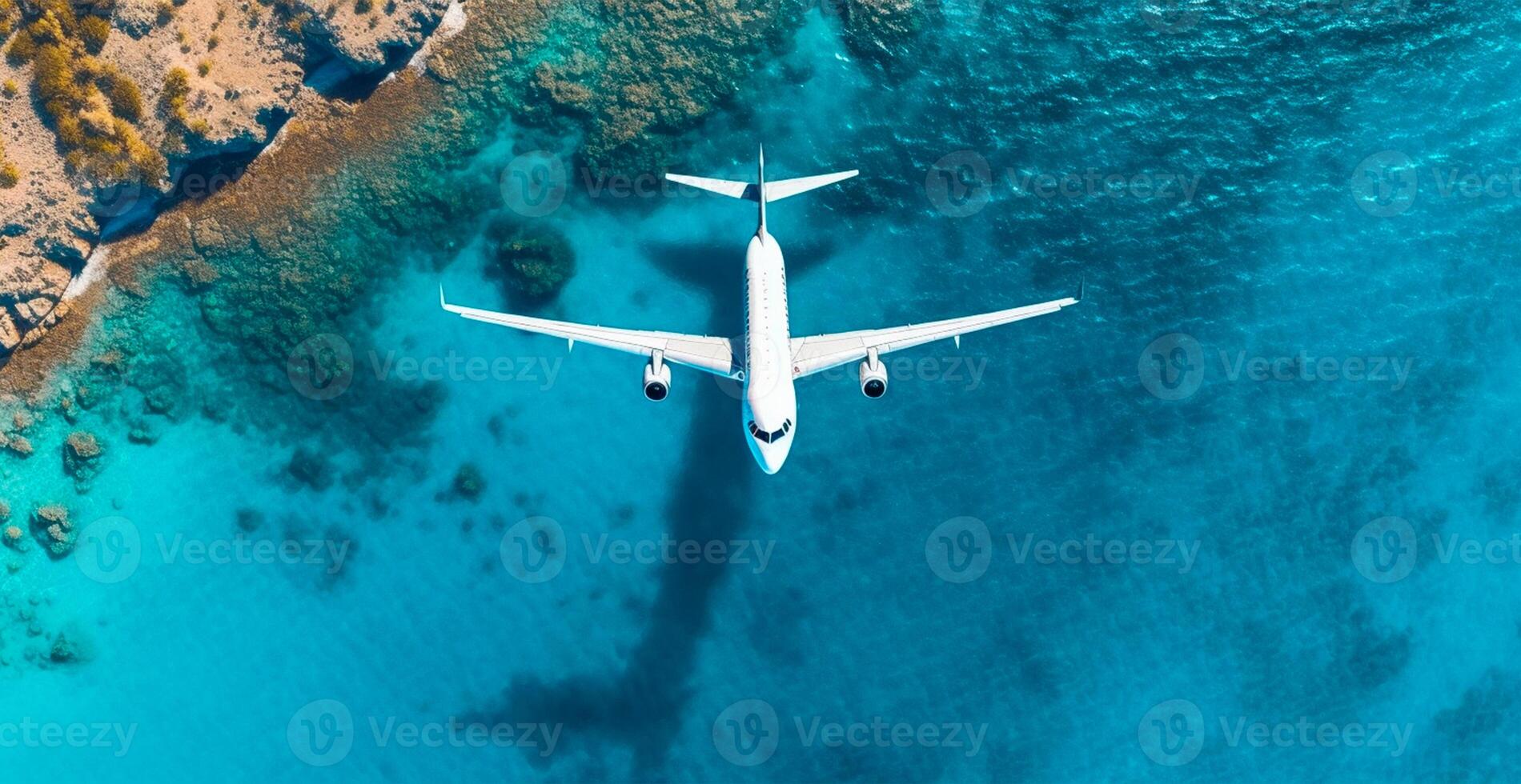 Top down view of white plane flying over blue sea, ocean, travel, vacation concept - image photo