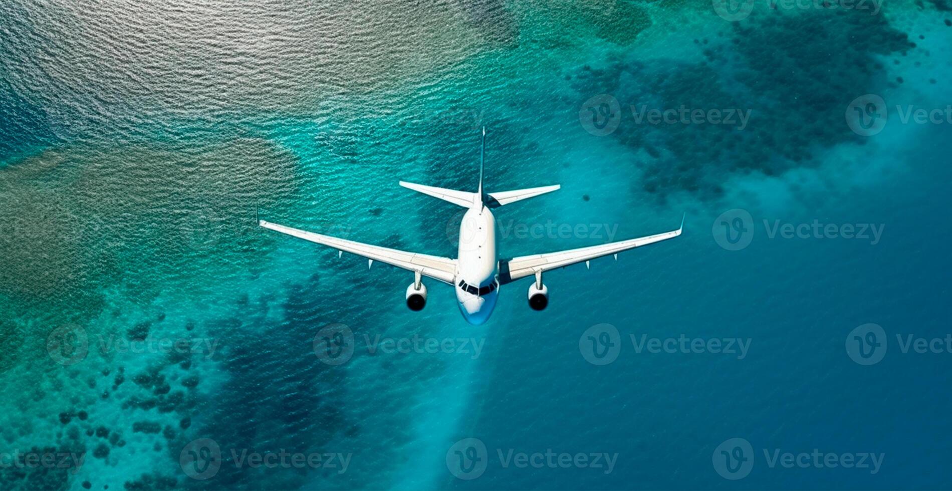 Top down view of white plane flying over blue sea, ocean, travel, vacation concept - AI generated image photo