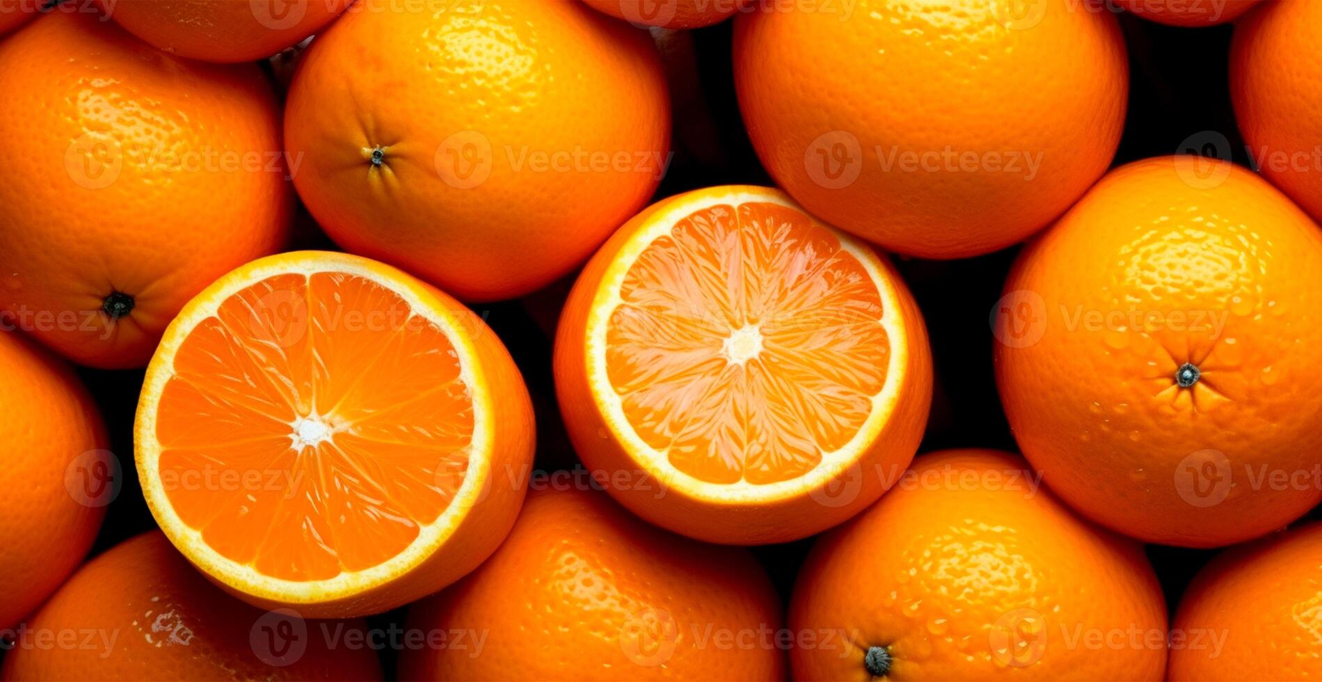 Realistic orange texture. Orange circles close up, tropical pattern, fruit banner - AI generated image photo