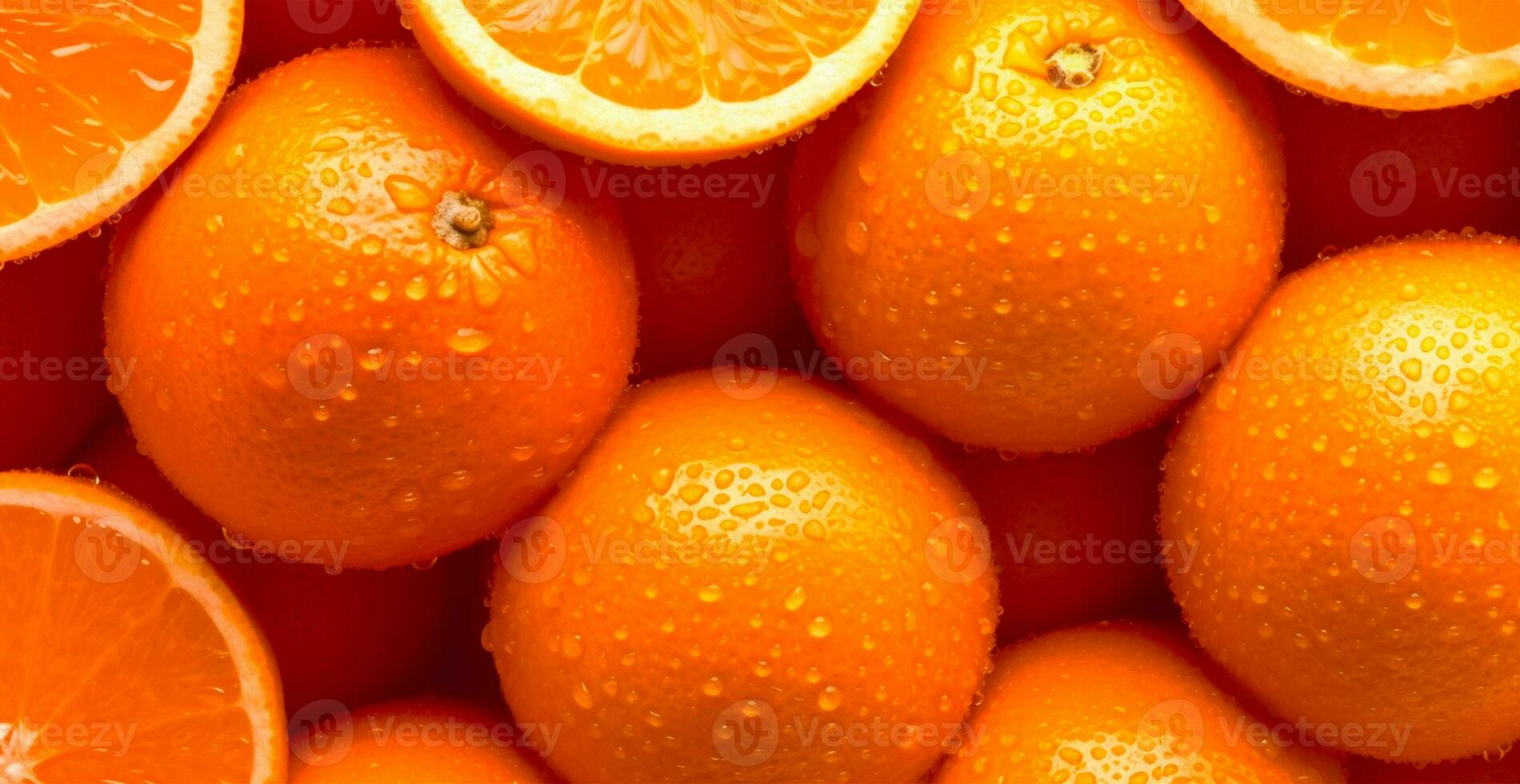 Realistic oranges. Oranges close-up, tropical pattern, fruit banner - AI generated image photo