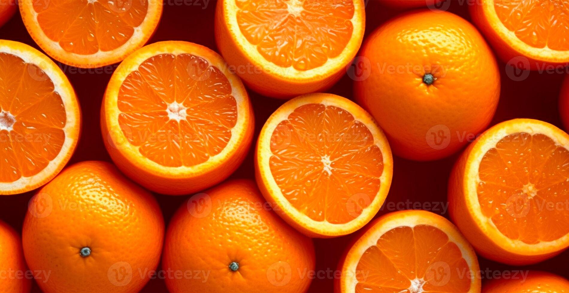 Realistic orange texture. Orange circles close up, tropical pattern, fruit banner - AI generated image photo