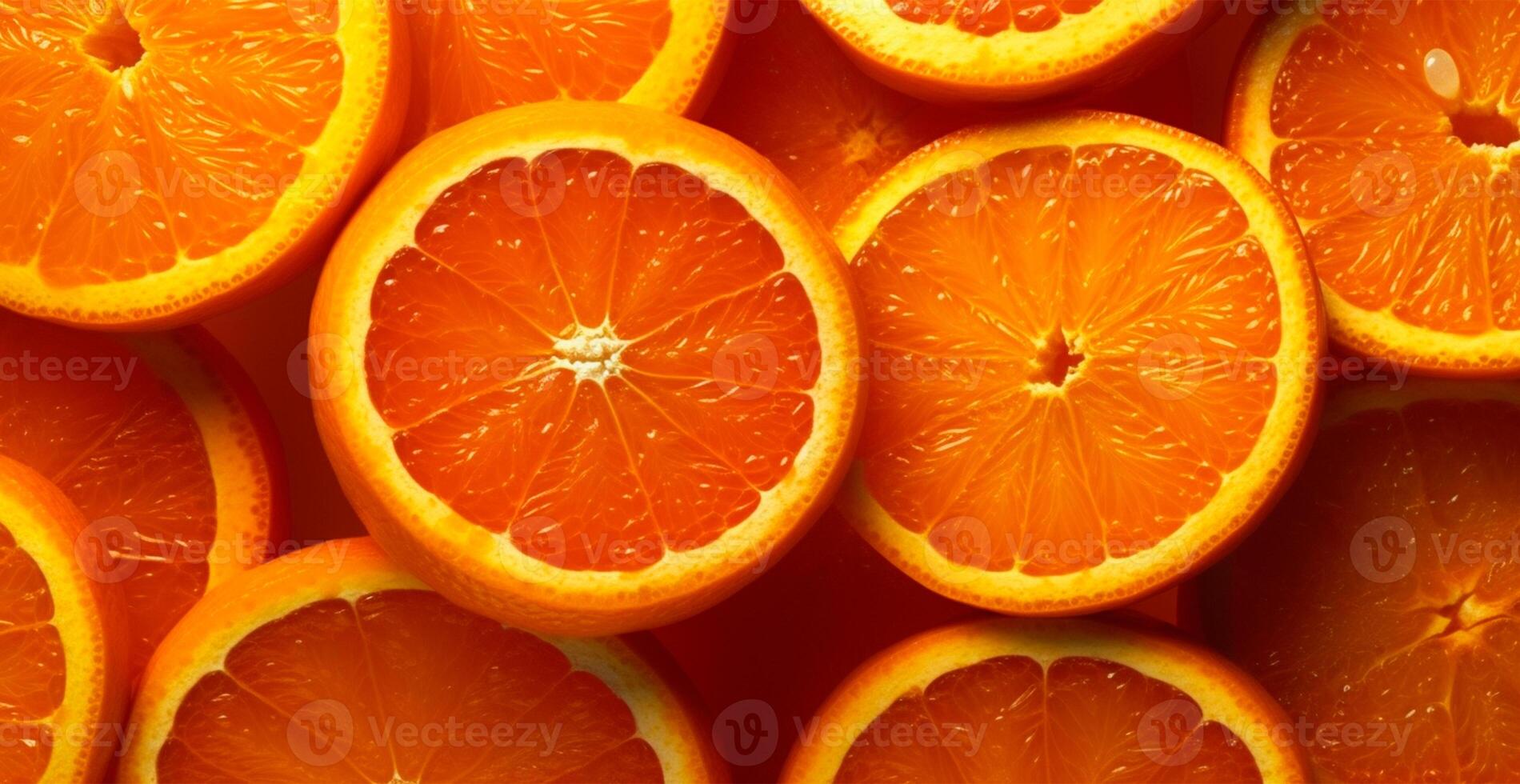 Realistic orange texture. Orange circles close up, tropical pattern, fruit banner - image photo