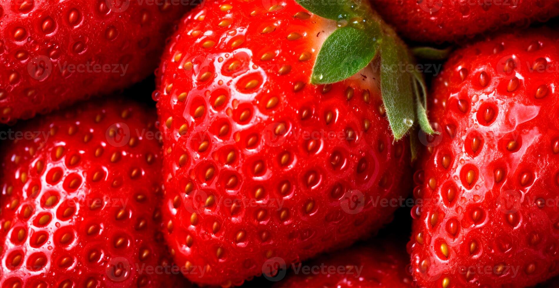 Eco strawberry. Macro of fresh organic natural berries. Fruit red background - AI generated image photo