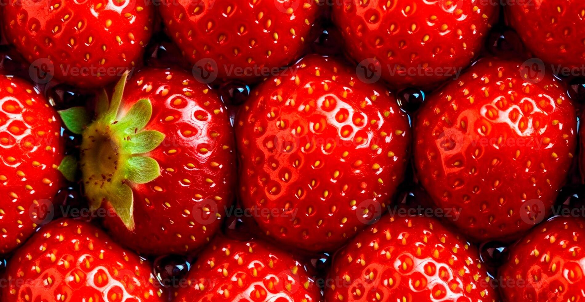 Eco strawberry. Macro of fresh organic natural berries. Fruit red background - AI generated image photo