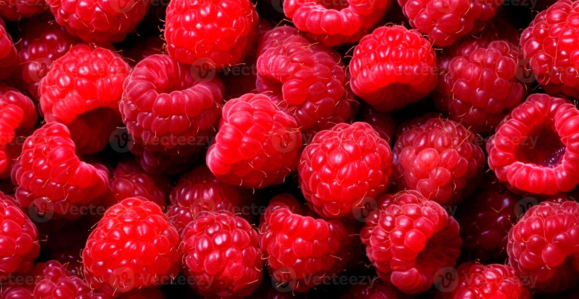 Eco raspberry. Macro of fresh organic natural berries. Fruit red background - AI generated image photo