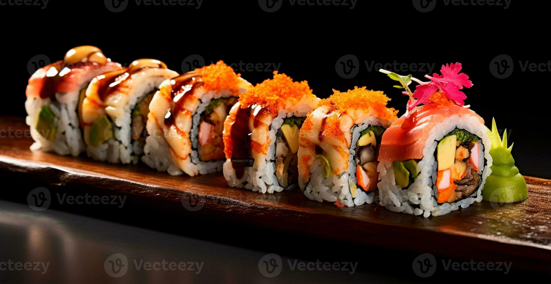 Rolls with salmon, avocado, tuna and cucumber on a dark background. Japanese Cuisine - AI Generated Image photo