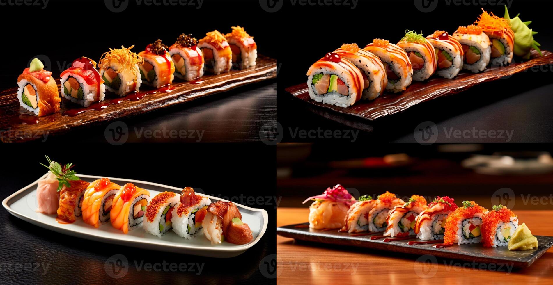 Rolls with salmon, avocado, tuna and cucumber on a dark background. Japanese Cuisine - AI Generated Image photo