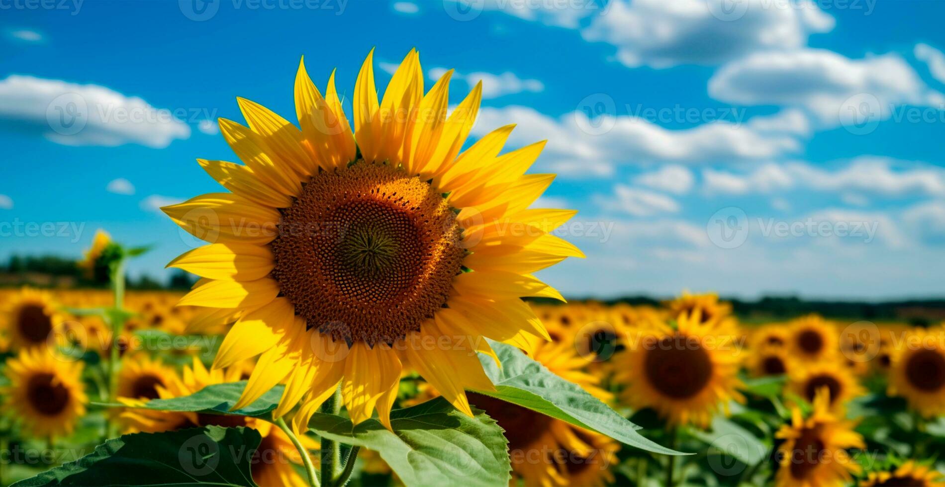 Field of sunflowers in bloom, hot sunny summer, panoramic bright background - AI generated image photo