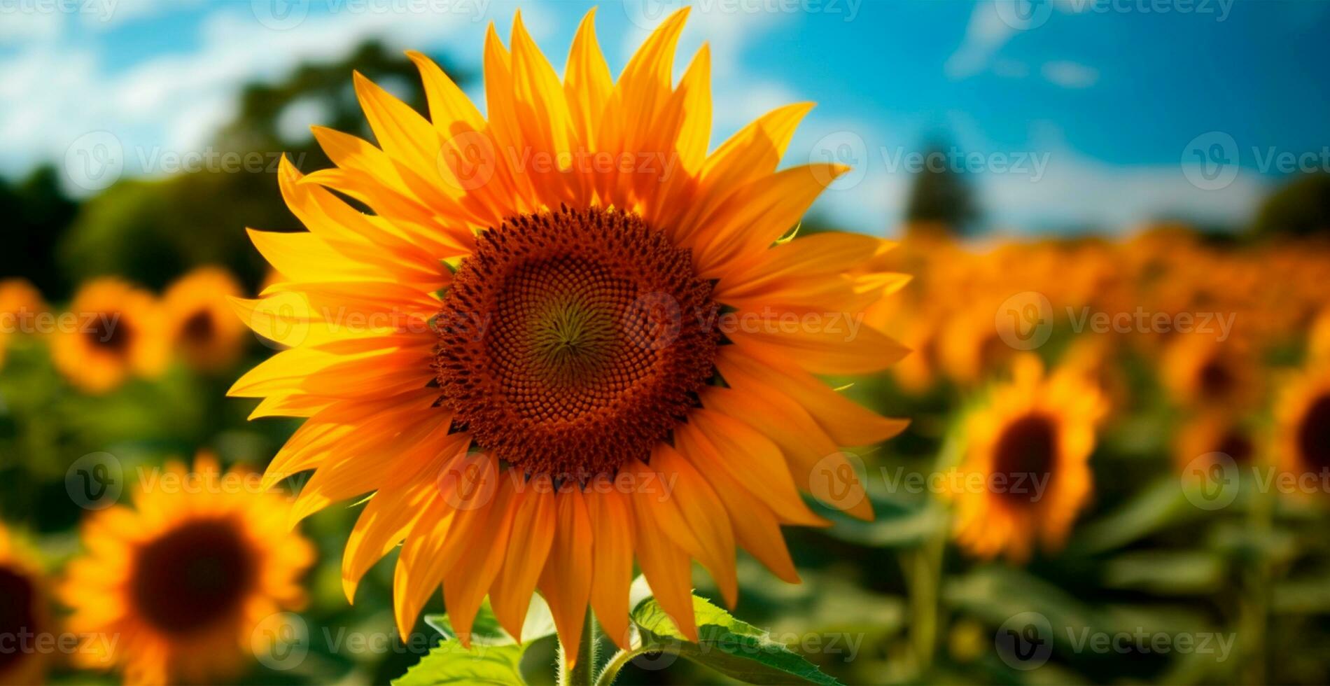 Field of sunflowers in bloom, hot sunny summer, panoramic bright background - AI generated image photo