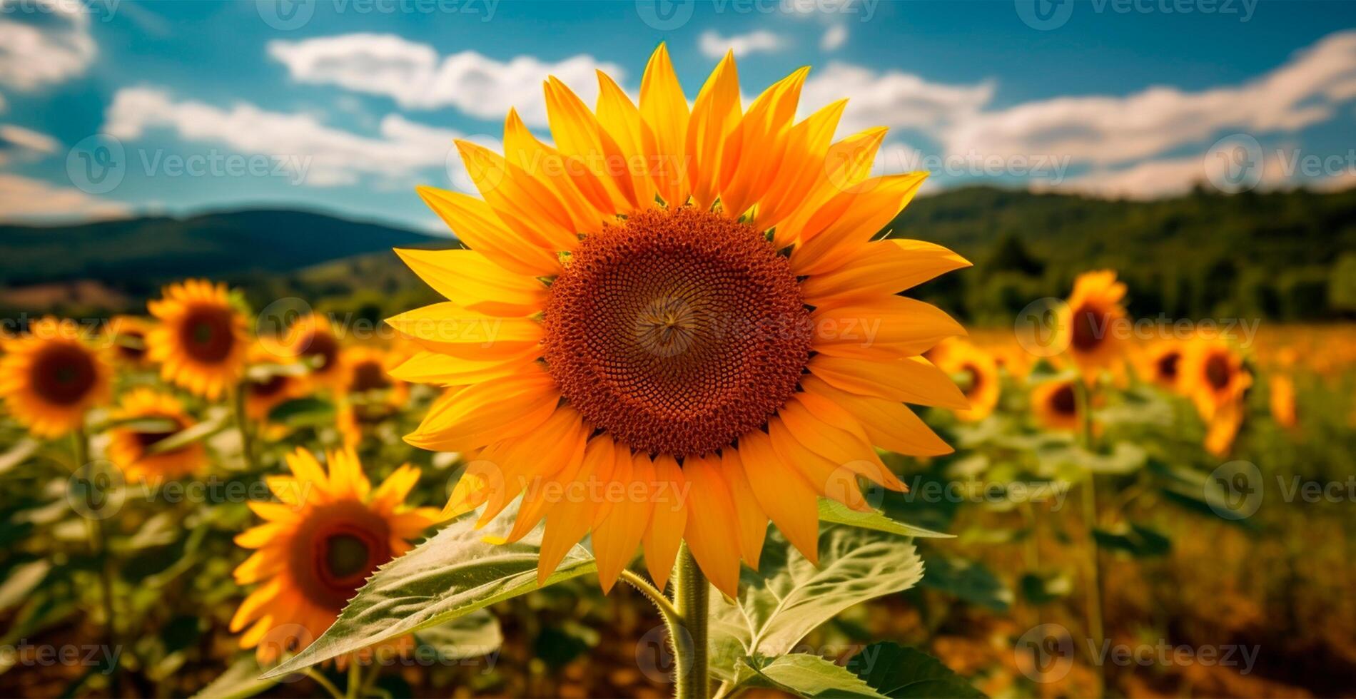 Field of sunflowers in bloom, hot sunny summer, panoramic bright background - AI generated image photo