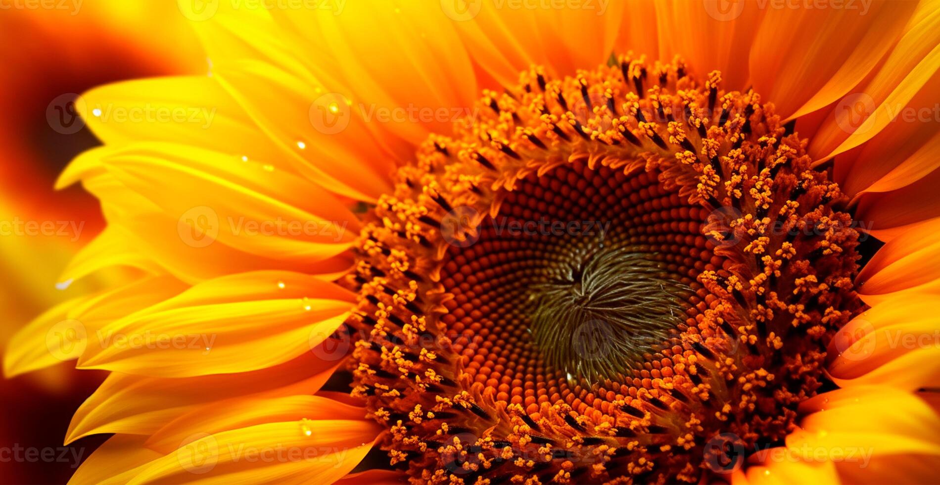 Field of sunflowers in bloom, hot sunny summer, macro shot - AI generated image photo