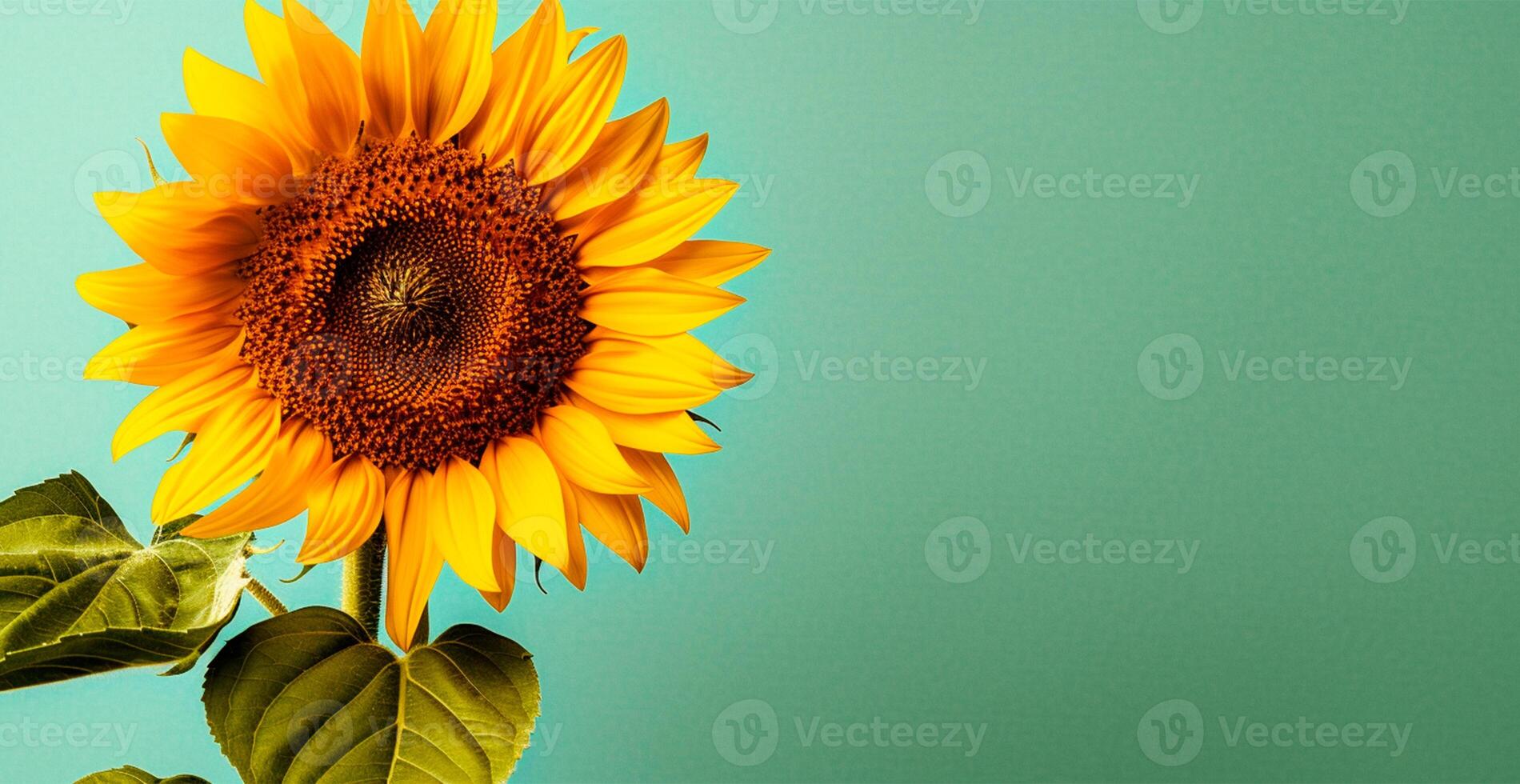 Field of sunflowers in bloom, hot sunny summer, macro shot - AI generated image photo