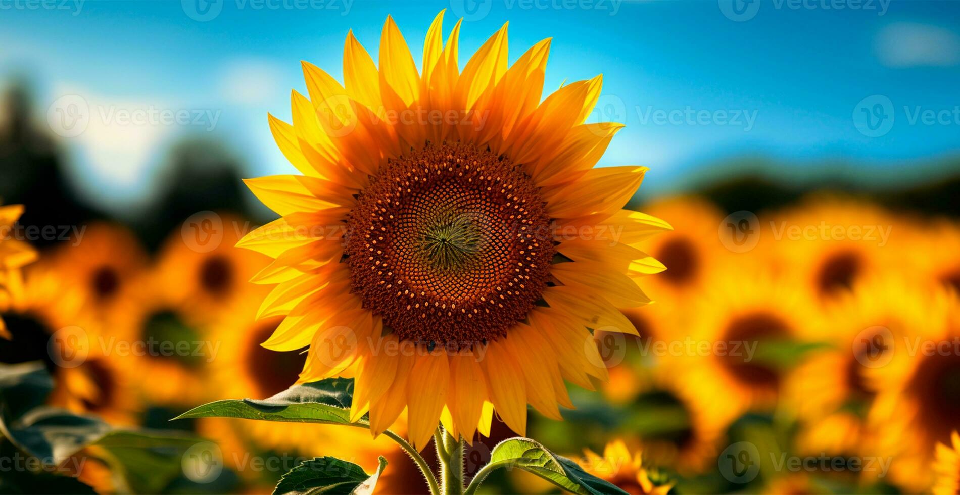 Field of sunflowers in bloom, hot sunny summer, panoramic bright background - AI generated image photo