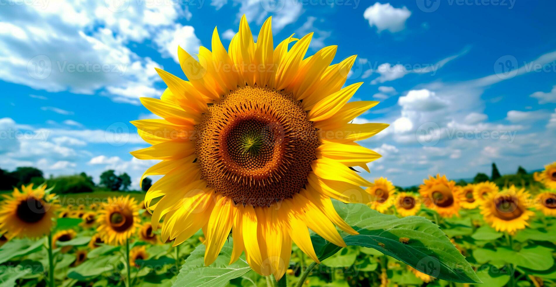 Field of sunflowers in bloom, hot sunny summer, panoramic bright background - AI generated image photo