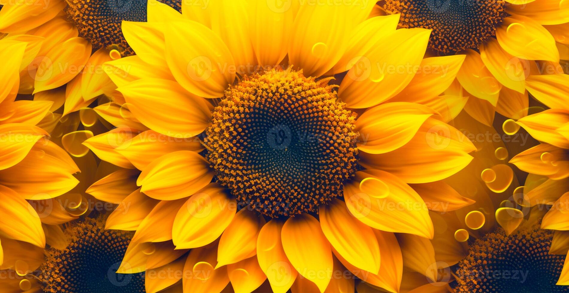 Field of sunflowers in bloom, hot sunny summer, macro shot - AI generated image photo