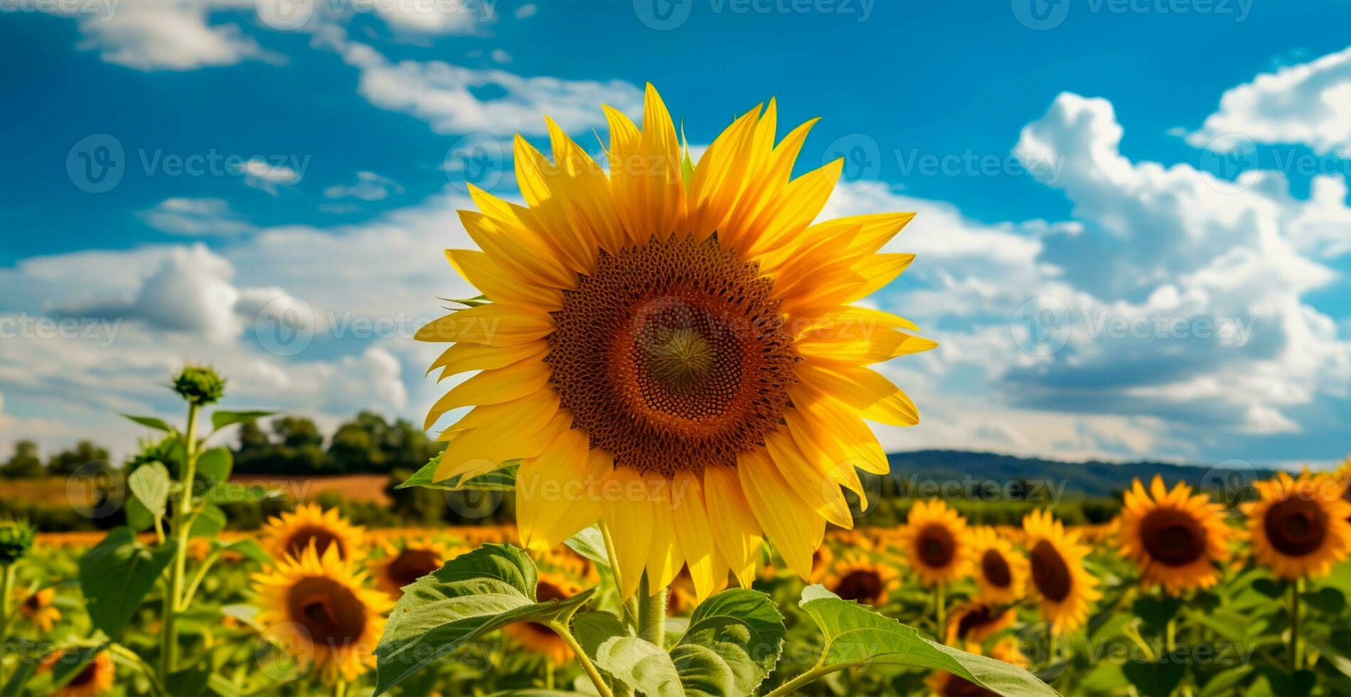 Field of sunflowers in bloom, hot sunny summer, panoramic bright background - AI generated image photo
