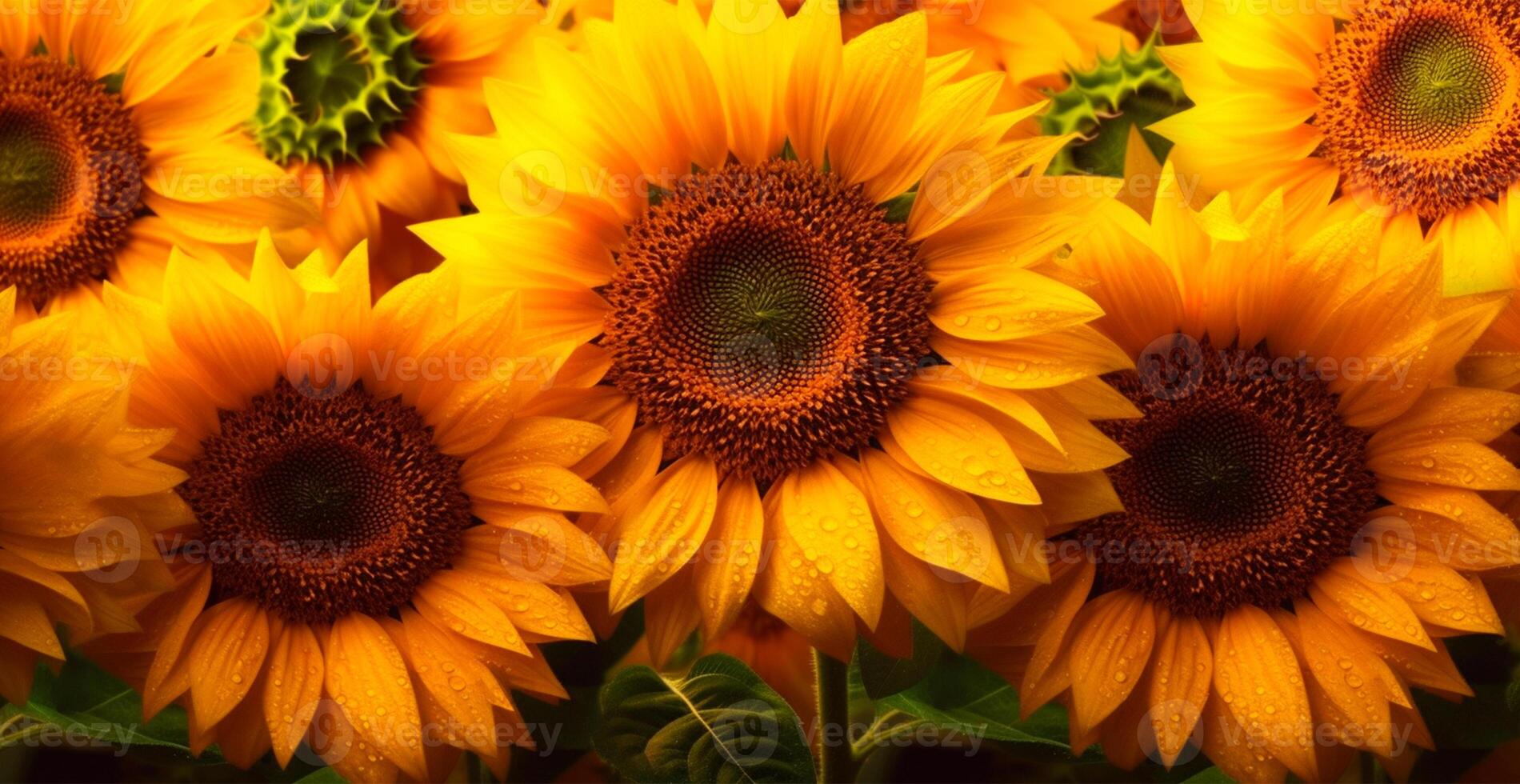 campo de girasoles en floración, caliente soleado verano, macro Disparo - ai generado imagen foto