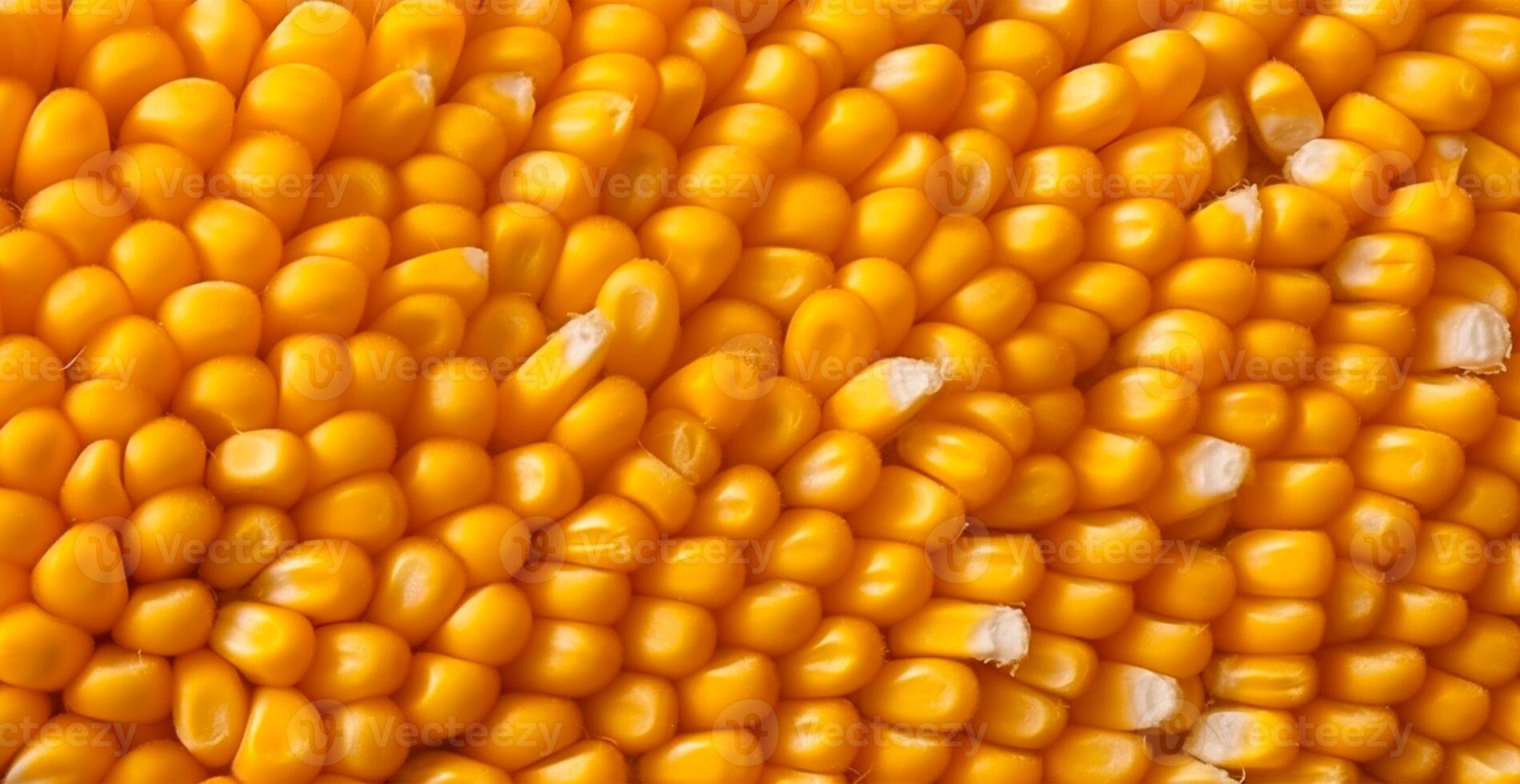 Peeled corn cob, yellow seeds, top view - AI generated image photo