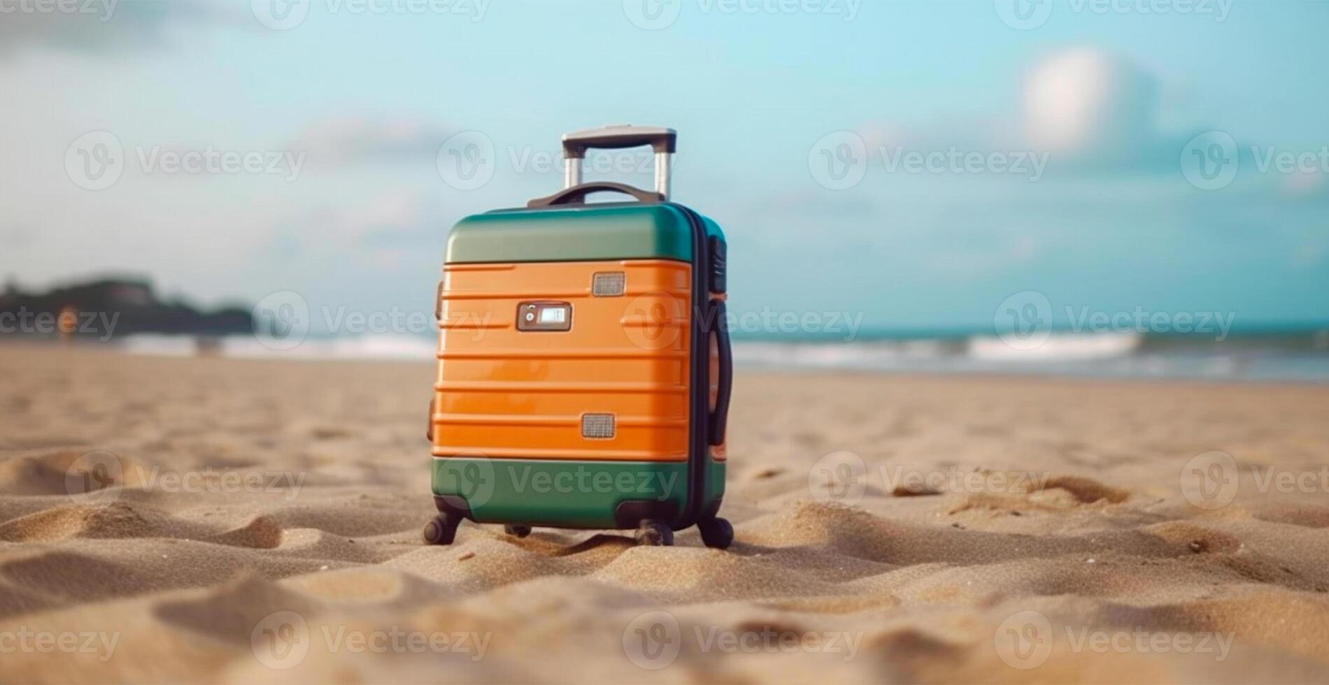 Summer travel and tourism, bright suitcase on a beautiful sandy beach. Vacation travel - AI generated image photo