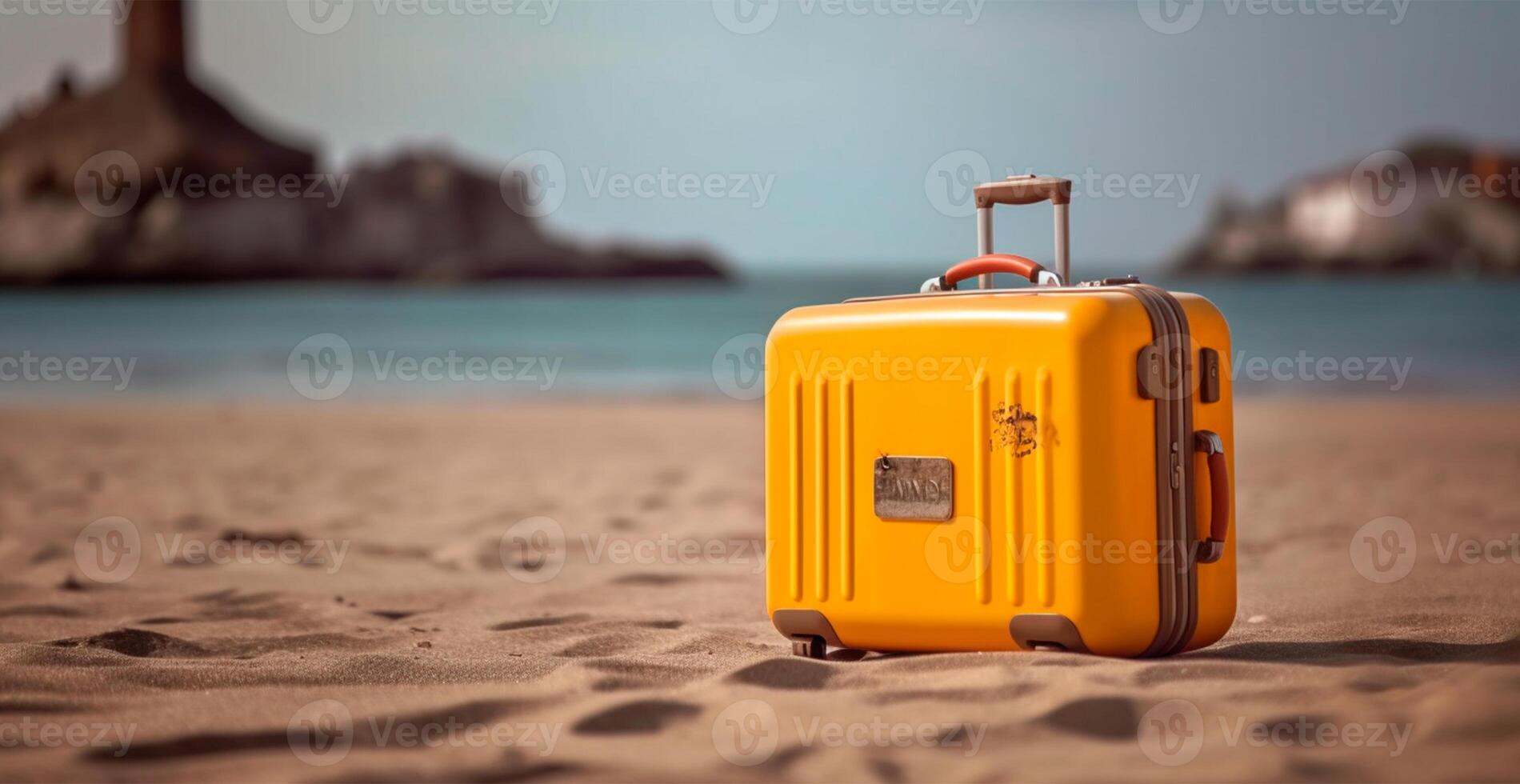 verano viaje y turismo, amarillo maleta en un hermosa arenoso playa. vacaciones viaje - ai generado imagen foto