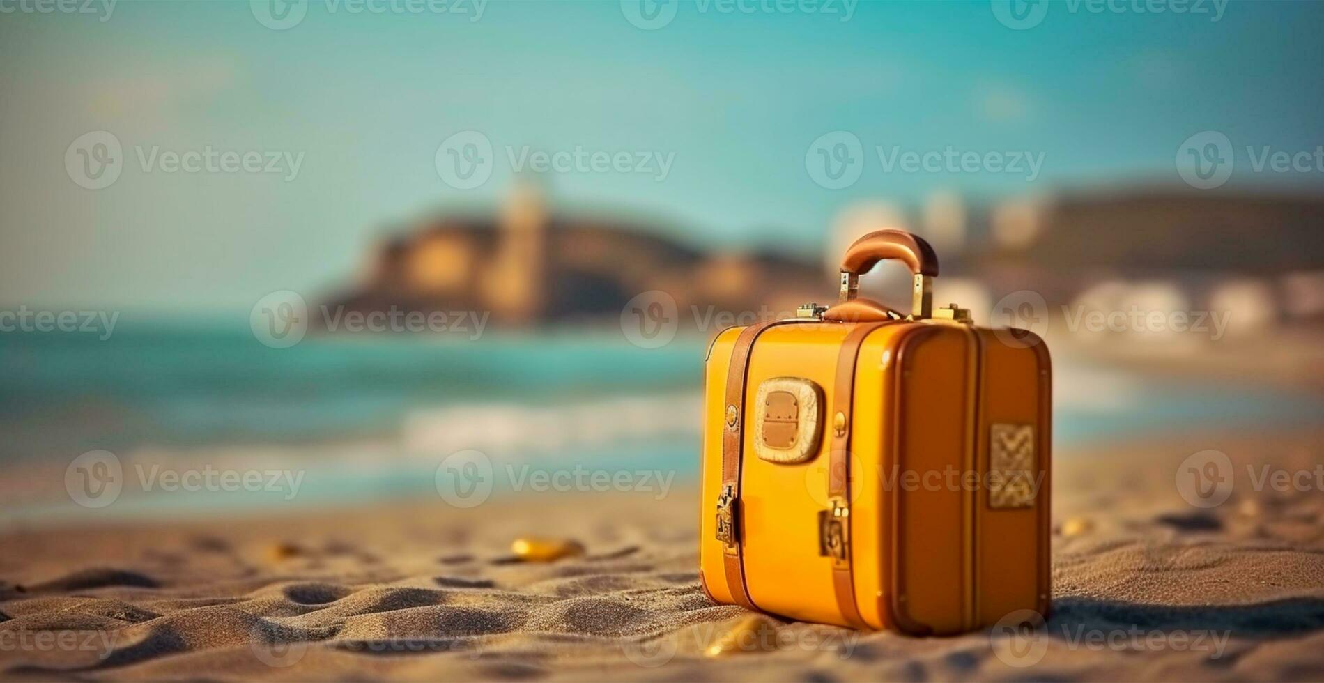 verano viaje y turismo, amarillo maleta en un hermosa arenoso playa. vacaciones viaje - ai generado imagen foto