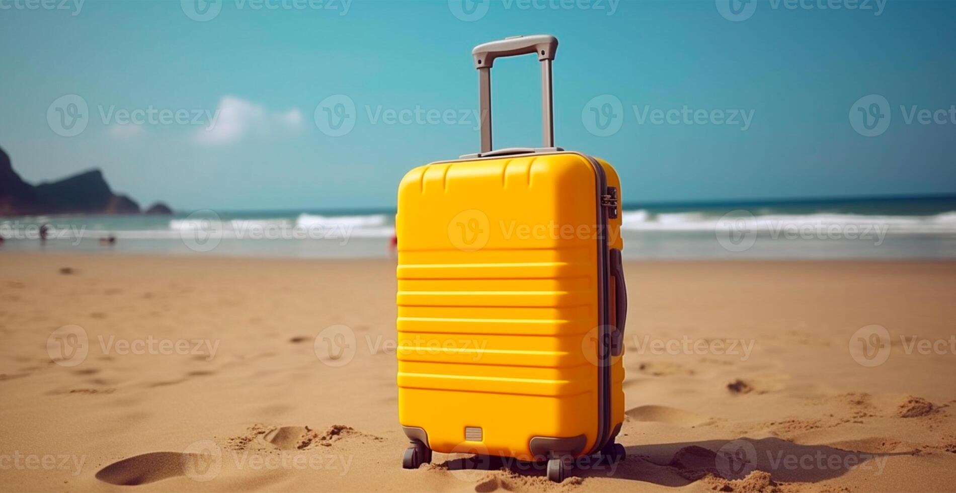 verano viaje y turismo, amarillo maleta en un hermosa arenoso playa. vacaciones viaje - ai generado imagen foto