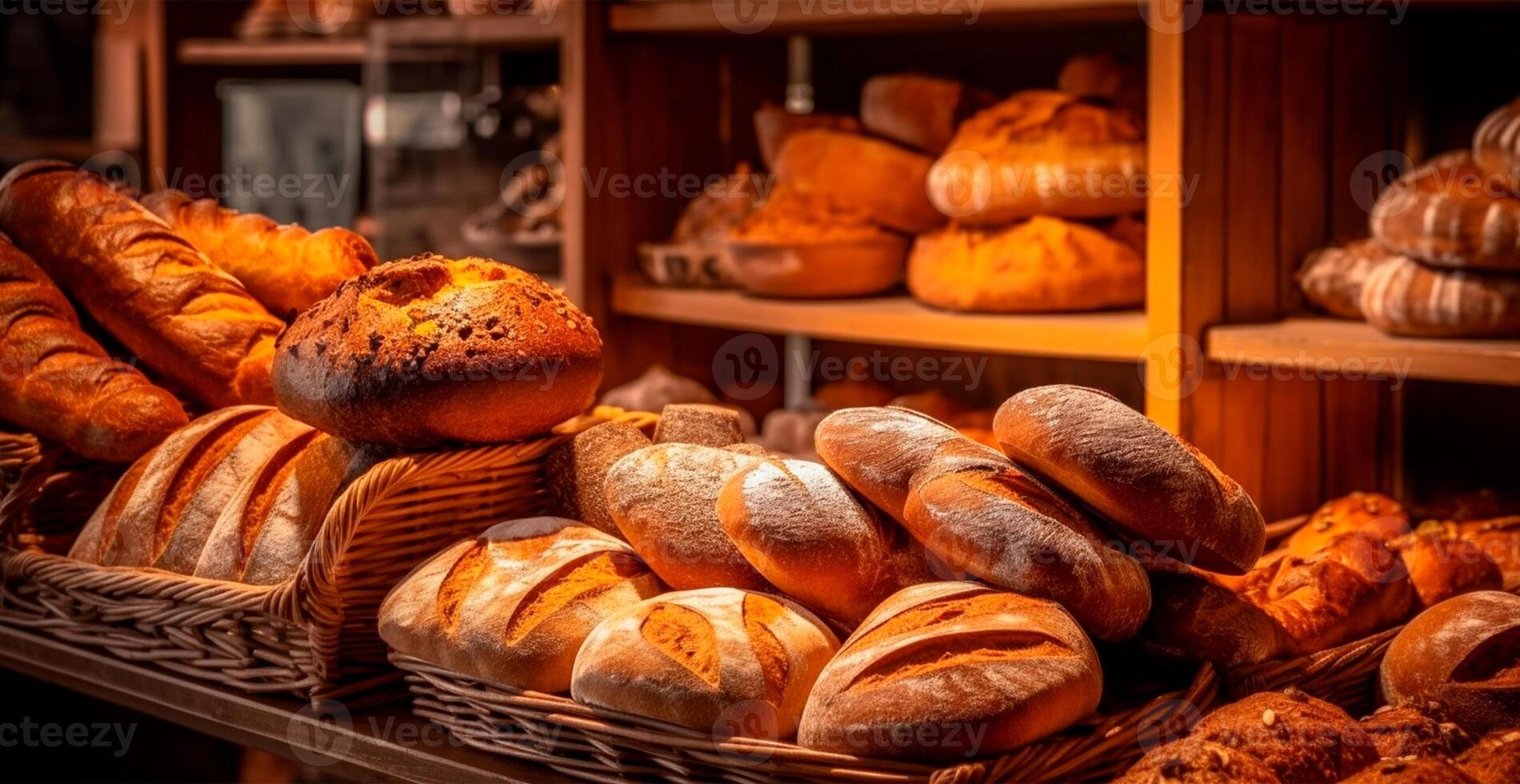 Fresh baked bread on bakery showcase, wheat products - AI generated image photo